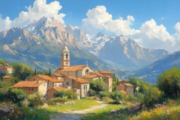 Fototapeta premium European Town Landscape with Cathedral Mountains Summer Afternoon