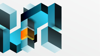 Isometric cubes create abstract composition. Blue, teal, orange hues dominate design. Shadows suggest depth, geometric shapes interlock forming modern visual.