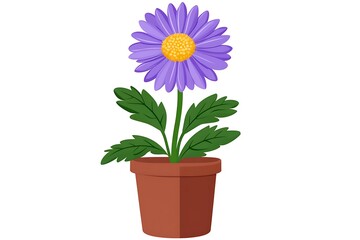Cartoon Purple Daisy with Yellow Center in Brown Pot, Detailed Green Leaves Plant