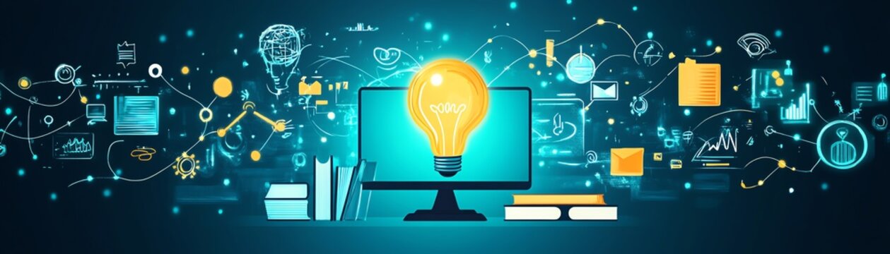 Online learning concept with icons of a computer, book, and light bulb on a digital screen, symbolizing educational technology and elearning tools, vibrant design