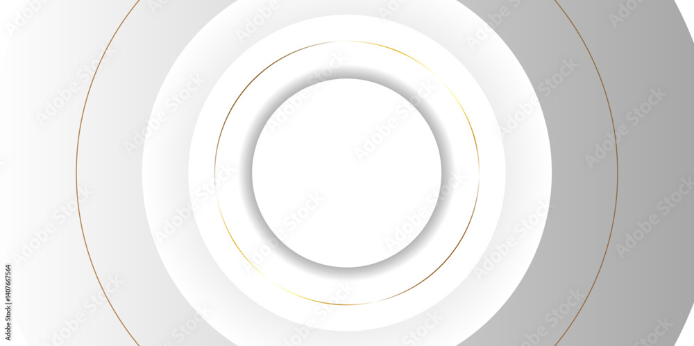 Poster Luxury elegant white background with gold ornament. Modern abstract light silver background vector. Abstract 3D circle layer white background with gold line effect for presentation design.	