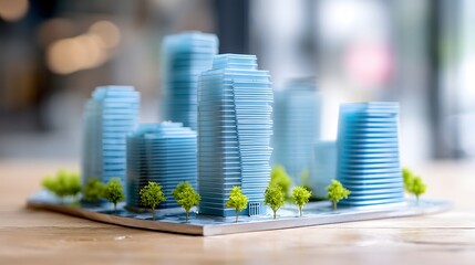 Miniature modern city model features sleek blue buildings and green trees, with blurred skyscraper background, illustrating sustainable urban planning concepts.  