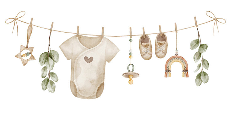 Watercolor baby illustration with clothing and accessories hanging on a clothesline. Onesie, shoes, rattle, pacifier and leaves. Drawing of childish garland for baby shower or newborn invitations.