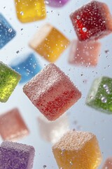 Multicolored Candy Cubes Floating with Water Droplets