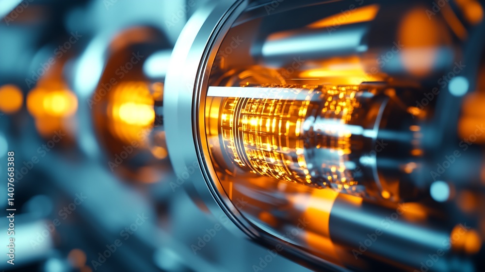 Poster stunning detailed image of a shiny metallic component with bright orange glow showcasing high-tech a