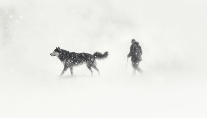 A solitary trek: Man and husky navigate the blizzard's embrace in monochrome vision