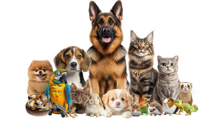 Fototapeta na wymiar Veterinary advertisement concept featuring a group of domestic animals. Group of domestic pets including dogs cats birds reptiles and small mammals sitting together