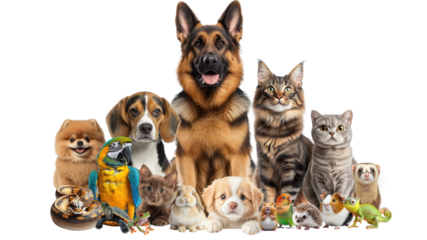 Veterinary advertisement concept featuring a group of domestic animals. Group of domestic pets including dogs cats birds reptiles and small mammals sitting together