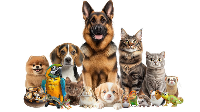 Veterinary advertisement concept featuring a group of domestic animals. Group of domestic pets including dogs cats birds reptiles and small mammals sitting together
