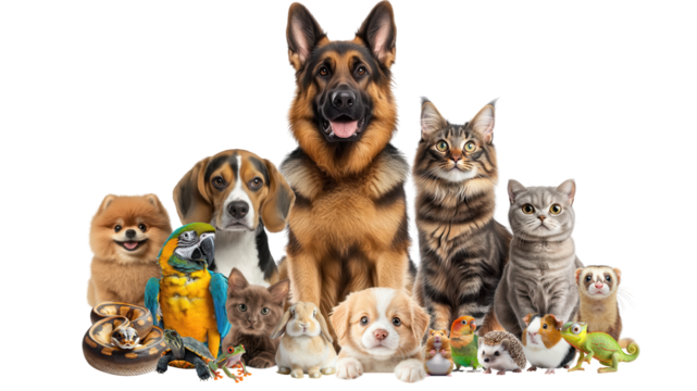 Veterinary advertisement concept featuring a group of domestic animals. Group of domestic pets including dogs cats birds reptiles and small mammals sitting together