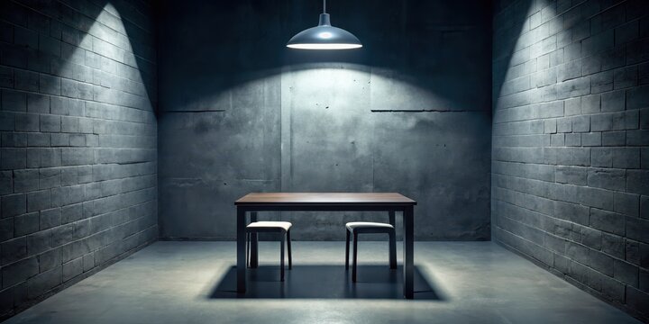Dark interrogation room with small overhead light, confession, police station, confession