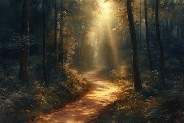 Obraz premium Sunlit Forest Path with Dappled Light in Summer