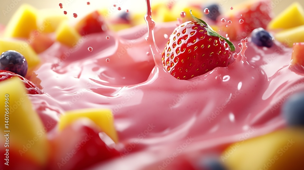 Poster dynamic image of pink yogurt splash featuring strawberries and blueberries surrounded by tropical fr