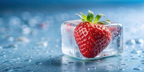 Frosty ice cube melting on a strawberry, summer, dessert,  summer, dessert