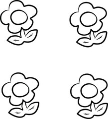 Minimalistic black outline drawing of four simple flowers with leaves.Great for coloring pages, pattern creation, or children’s art activities.