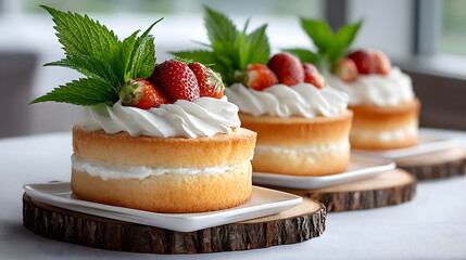 Three mini vanilla cakes, layered with whipped cream and topped with fresh strawberries and mint