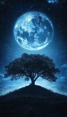 Surreal nocturnal vista featuring a solitary tree beneath a celestial moonscape