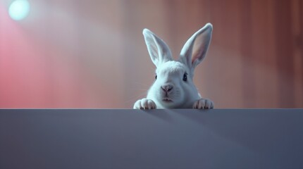 Obraz premium A white rabbit peeking over a blank sign
