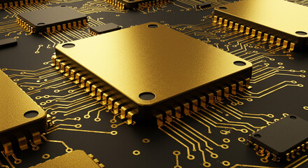 Luxurious gold microchips on a dark circuit board showcasing advanced technology and elegant design