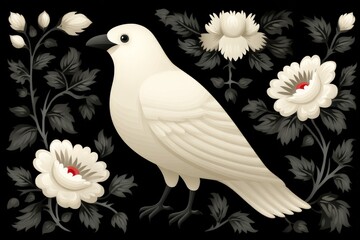 Elegant white bird surrounded by intricate floral designs on a dark background
