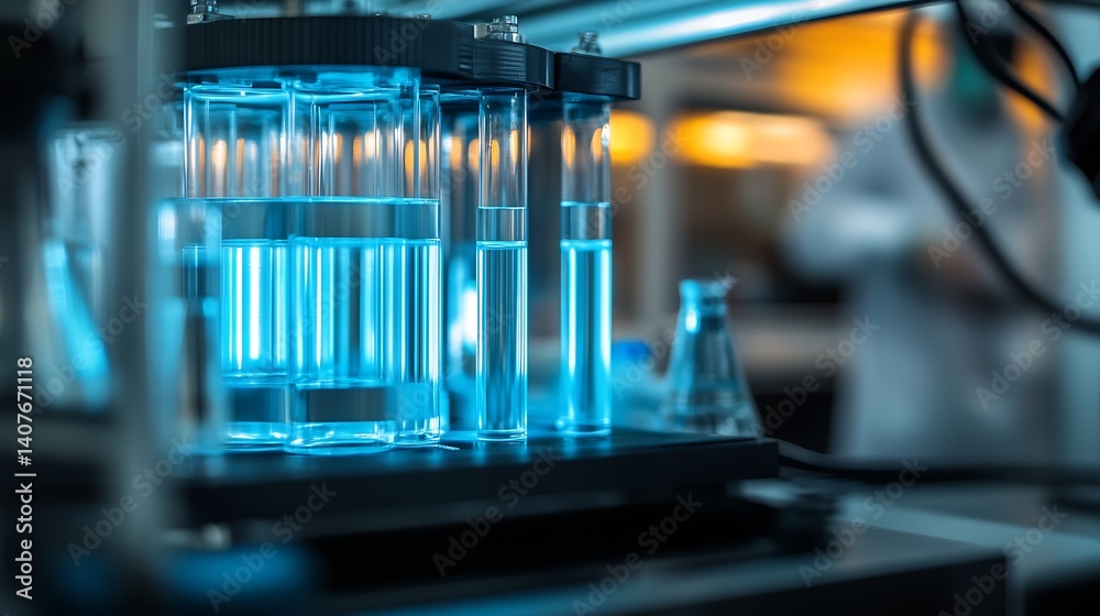 Poster illuminated glass test tubes in a cutting edge laboratory setting for research purposes : generative