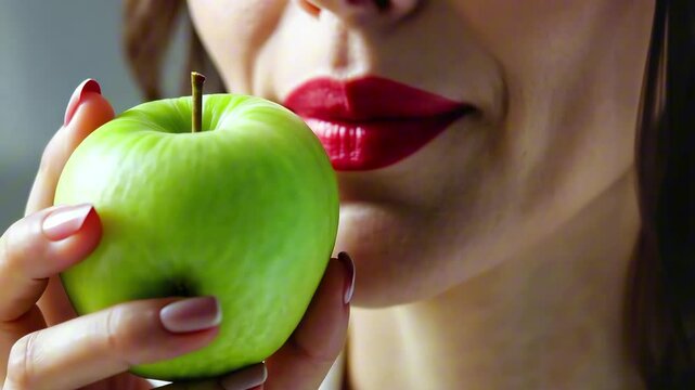 Woman with red lipstick holding a green apple near lips in elegant close-up. Concept of temptation and sensual freshness