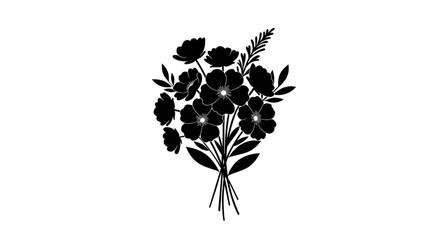 Elegant black silhouette bouquet of flowers simple graphic design isolated on white background