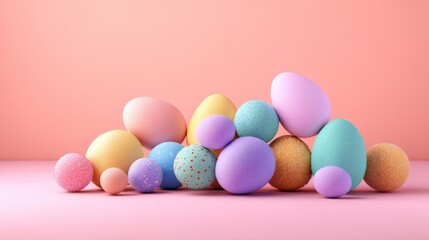 Fototapeta premium Easter decoration handmade crafts seasonal centerpieces. Pastel Easter Eggs Arrangement on Pink Background Sweet Holiday Season Festive Spring Celebration.
