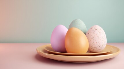 Easter decoration handmade crafts seasonal centerpieces. Pastel Easter Eggs Arrangement on a Plate Symbolizing Spring Celebration and Renewal.