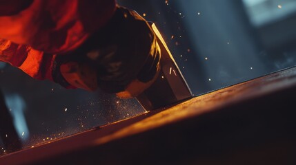 Construction worker using a power saw to cut timber for framing. Featuring craftsmanship and focus