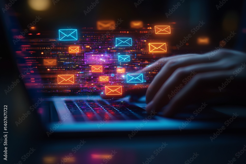 Poster Illuminated email notifications emerging from a laptop showcasing dynamic digital mail interaction : Generative AI