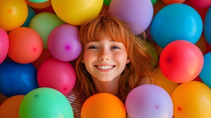 Obraz premium A young woman surrounded by colorful balloons representing a colorful future full of dreams