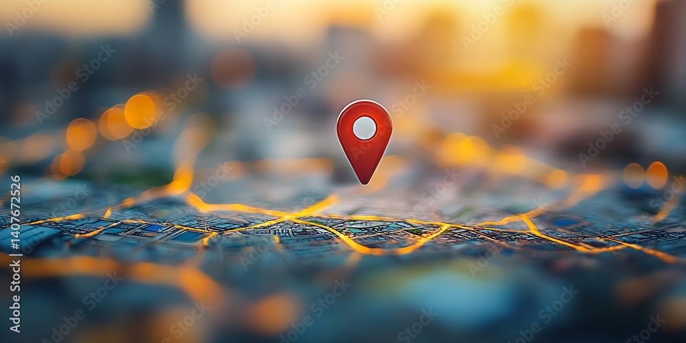 Poster a striking location pin icon overlooking a city map during golden hour : generative ai
