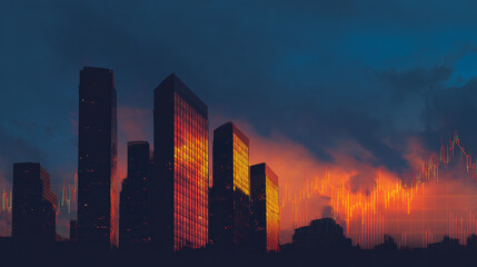 Fototapeta premium Silhouetted cityscape at sunset, overlaid with a financial chart, showcasing urban development and market trends, symbolizing economic growth and dynamism