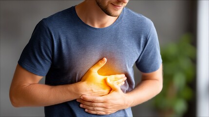 Man holding his chest, indicating heartburn. Chest pain and healthcare issues