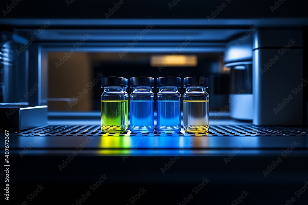 Poster colorful liquid vials on a lab shelf illuminated by soft blue and yellow lighting creating a vibrant