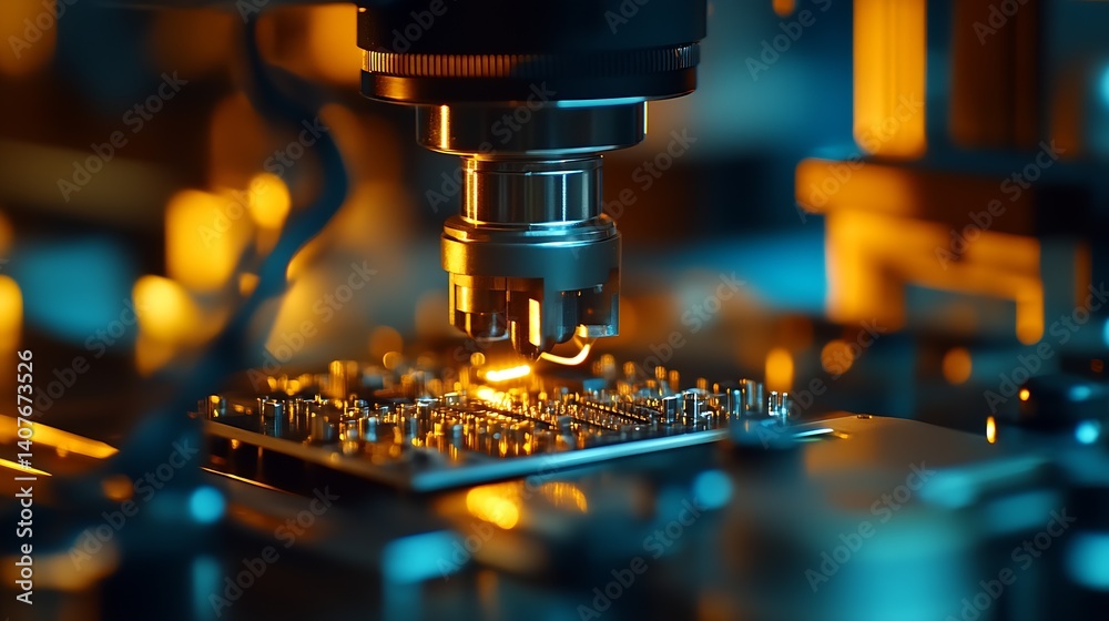 Aufkleber Intricate view of a high-tech microscope inspecting electronic components on a circuit board with ambient light : Generative AI