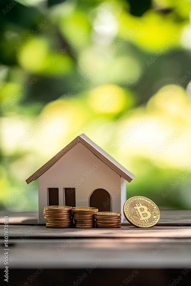 Poster minimalistic house model surrounded by bitcoin coins showcasing financial strategy : generative ai