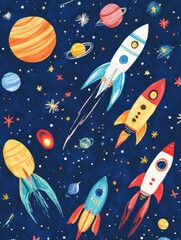 Explore a vibrant space-themed sticker pack featuring rockets, planets, UFOs, and constellations on a deep blue galaxy background