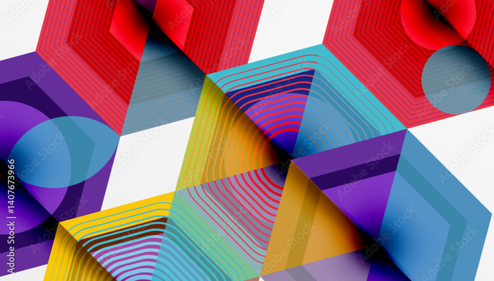 Poster Abstract geometric composition. Overlapping shapes, vibrant colors create dynamic visual experience. Lines, circles, hexagons dominate design. Modern, playful aesthetic.