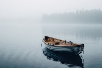 Naklejka premium Solitary Boat on Mirror-Like Water with Misty Forest.