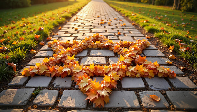 Star of David crafted from autumn leaves on stone path, seasonal celebration