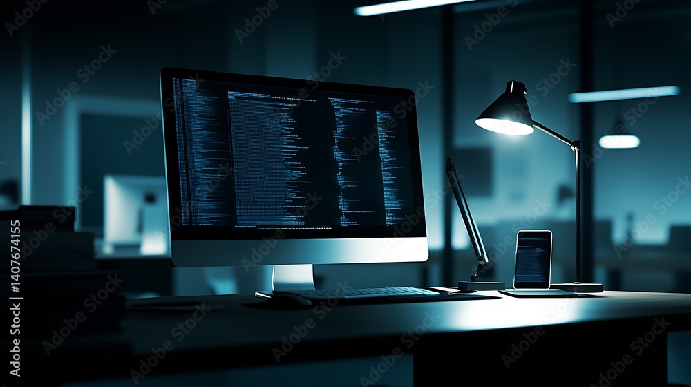 Poster Sleek Office Environment with Monitor Displaying Code and Smartphone by High Quality Lamp : Generative AI