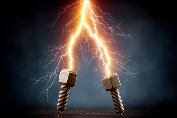 Lightning bolts connecting metal bolts in a dramatic and powerful display of electricity in a dark background