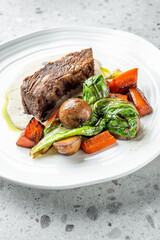 A succulent piece of beef served with roasted vegetables, including carrots and potatoes, drizzled with a creamy sauce on a stylish white plate, creating a hearty meal.