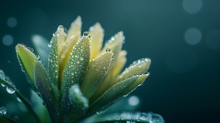 Fototapeta premium Delicate yellow flower buds covered in morning dew drops against dark teal background, copy space