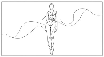 Elegant fashion model in a flowing gown minimalist line art design simple white background