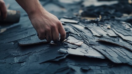 Naklejka premium Roofing contractor replacing damaged shingles. Featuring expertise and care