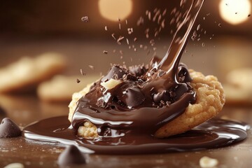 Cookie being drenched in dripping chocolate, with chocolate chip toppings. Perfect for illustrating desserts, sweets, treats, and delicious baked goods.