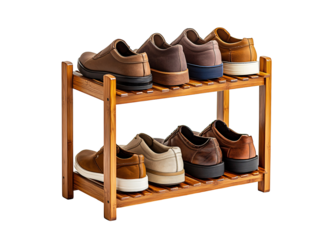a shoe rack with several pairs of shoes